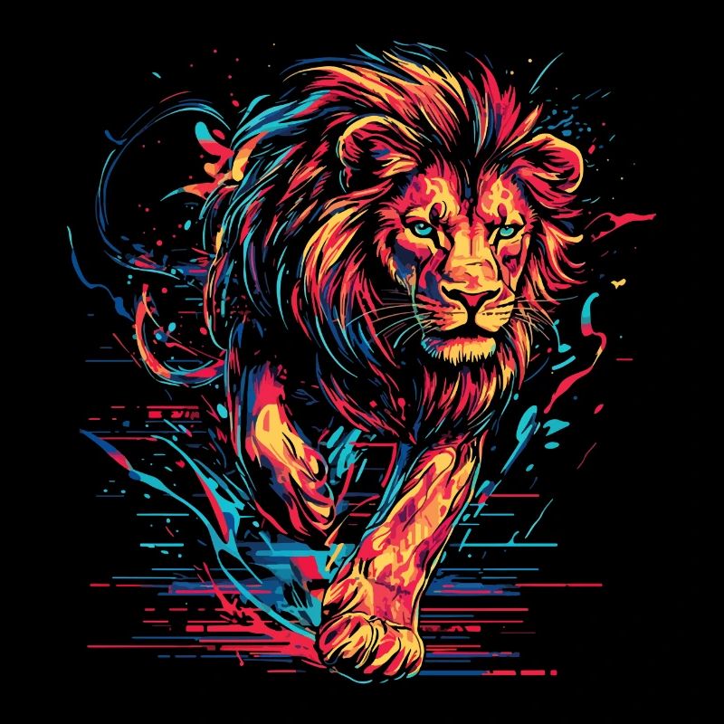 Lion Running Lion Head Neon Colorful Predator