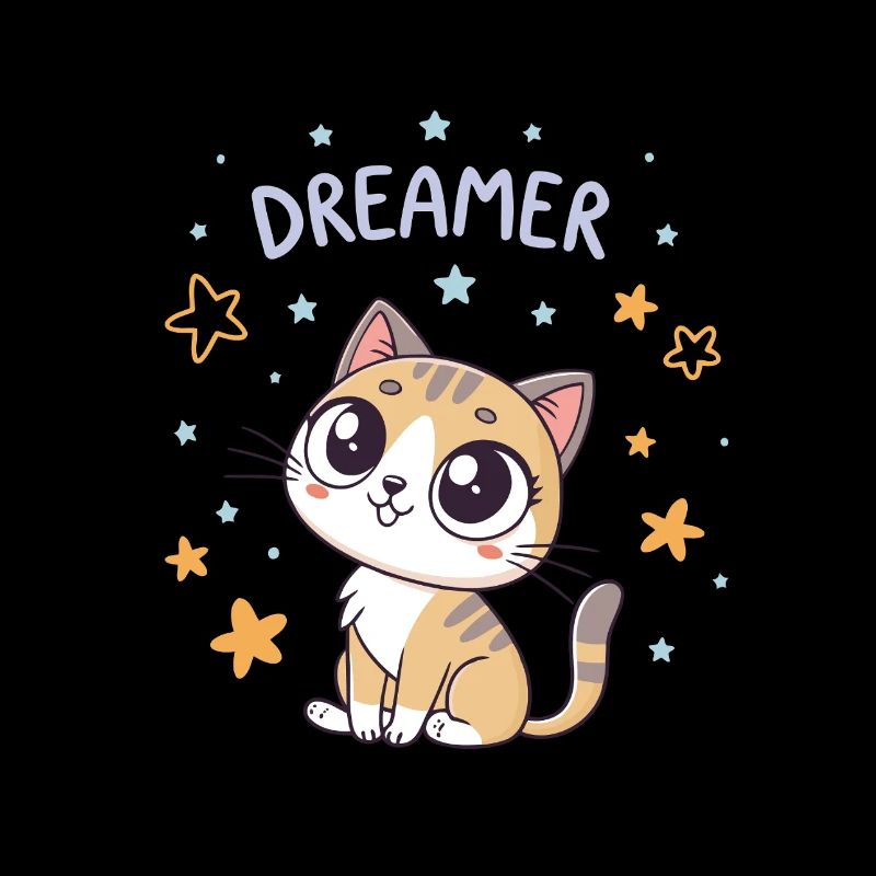 Chat rêveur et étoiles kawaii