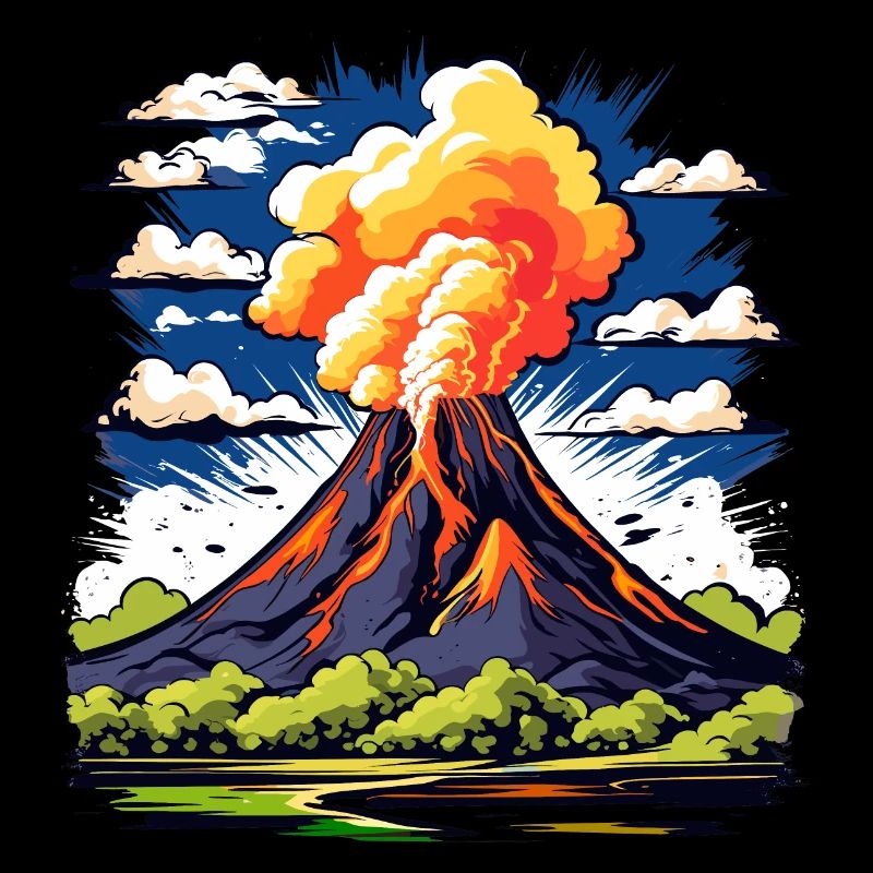 active volcano with ash cloud and lava flows