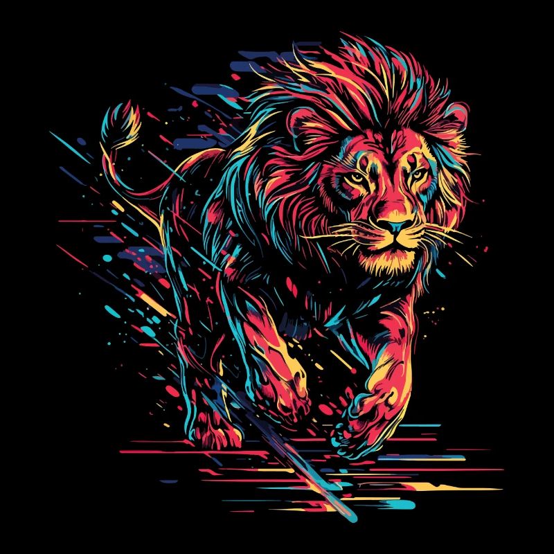 Lion Running Lion Head Neon Colorful Predator