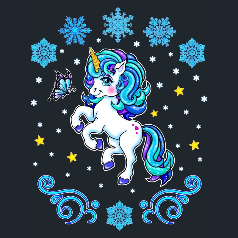 Winter 2022 blaues Einhorn mit Schneeflocken