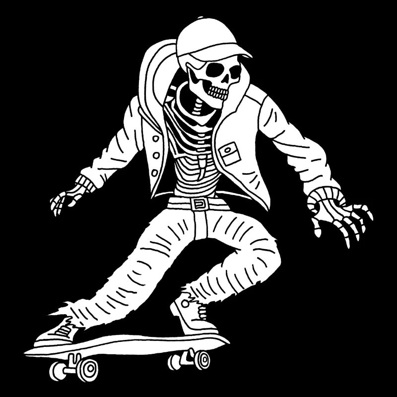 Squelette blanc en skateboard