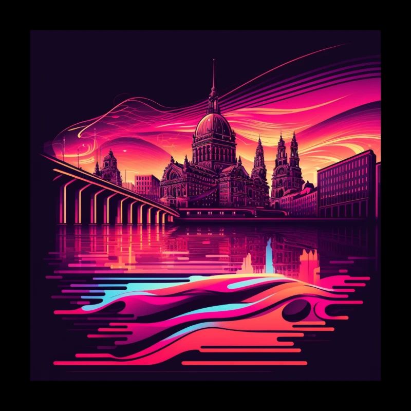 Skyline de Dresde dans la lumière du soir Optique Vaporwave