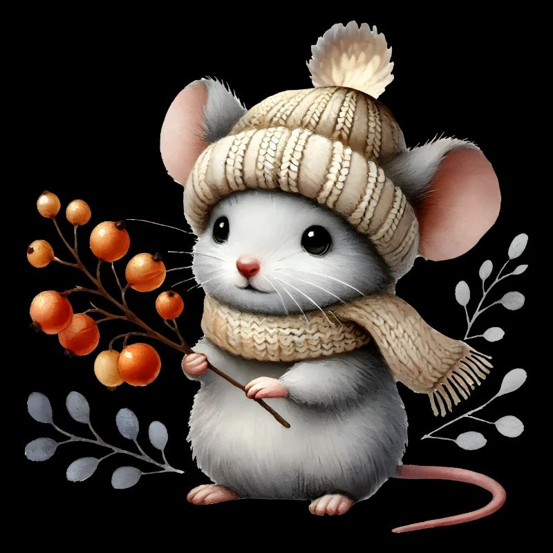 cute mouse with a knitted hat, scarf and berries