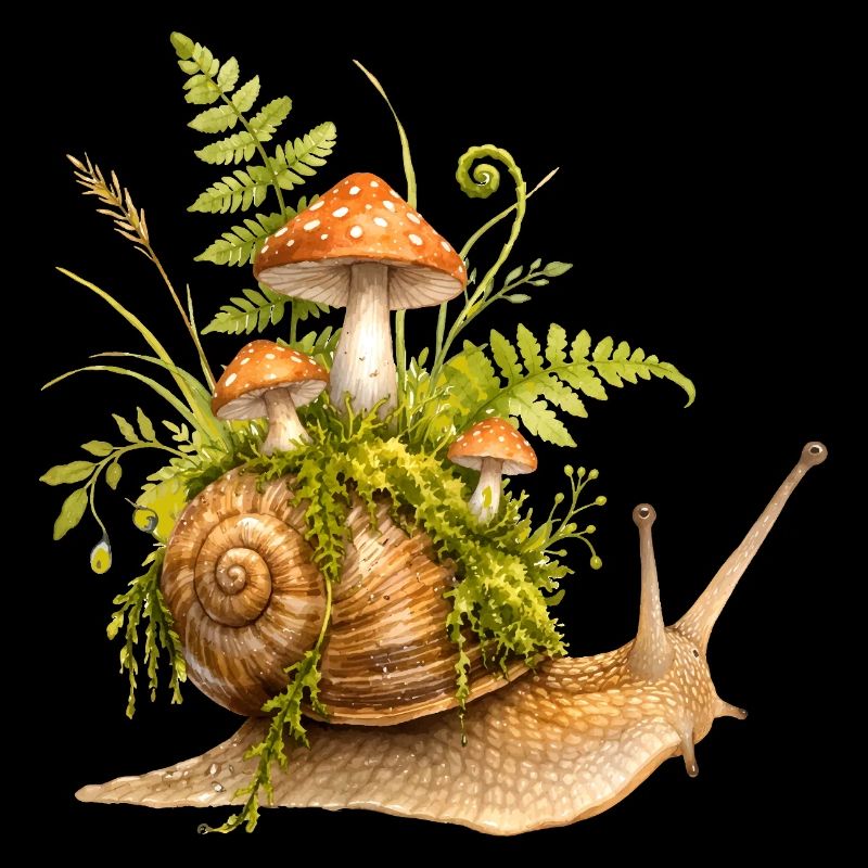 Schnecke mit Pilzen Wald Illustration  