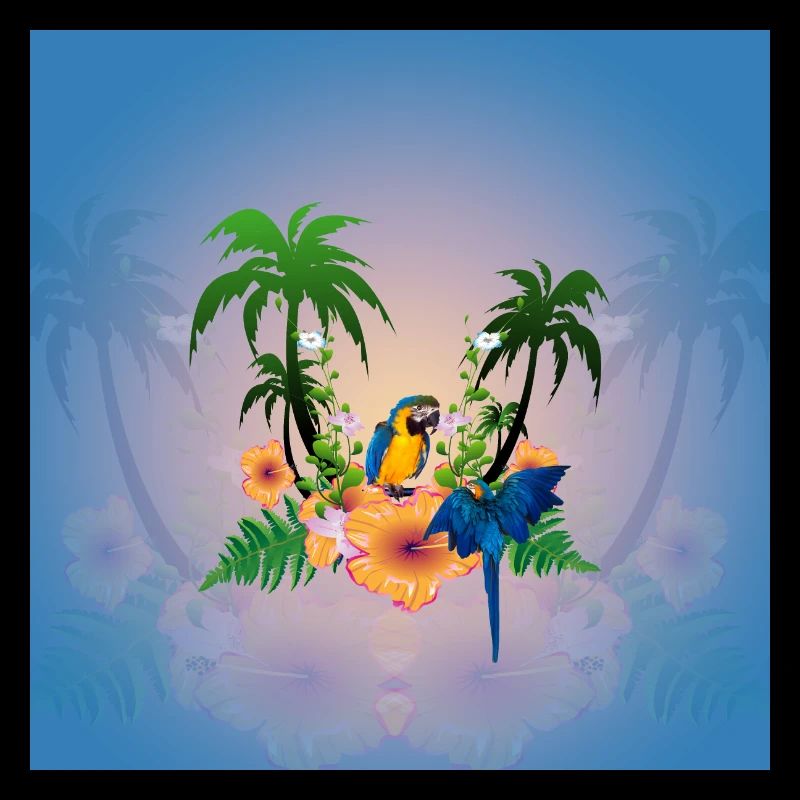 Design tropical avec des palmiers et des perroquets.