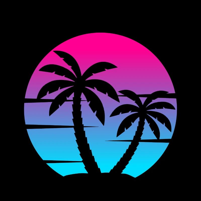 80er Synthwave Sonnenuntergang mit Palmen im Kreis