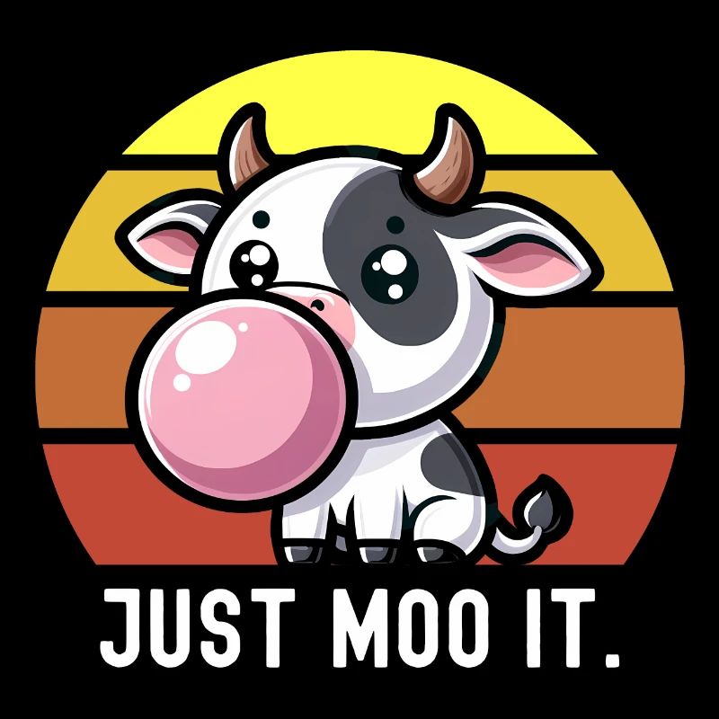 Vache mignonne Bubblegum disant « Just Moo It ». Kawaii