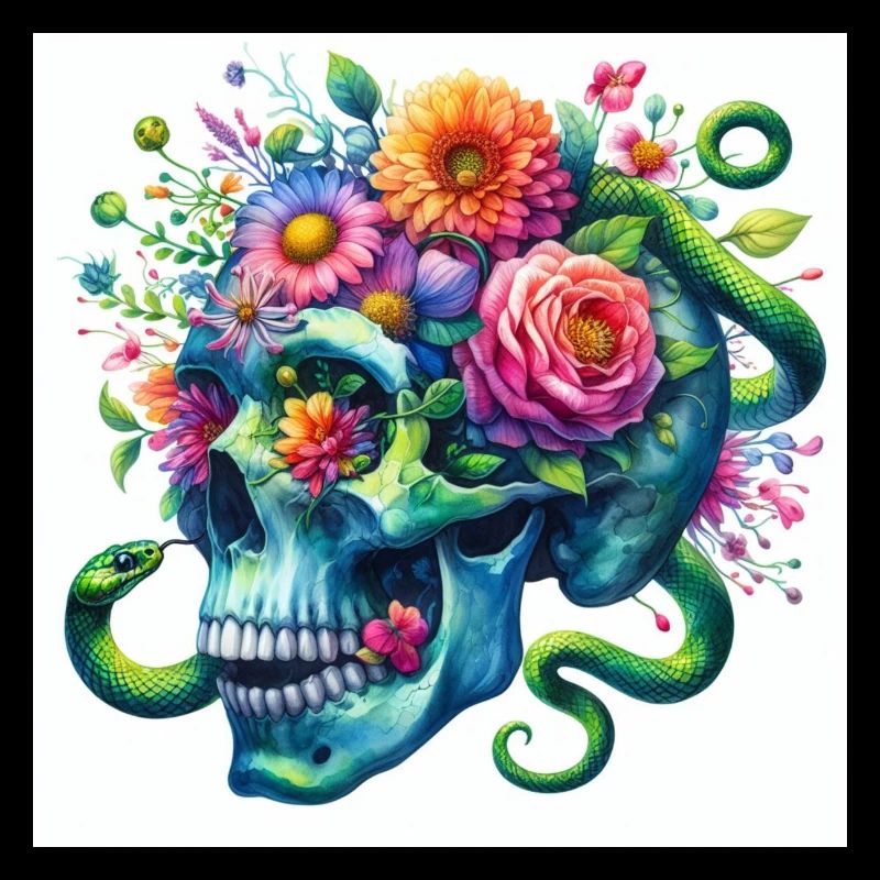 Aquarelle tête de mort bleue et serpents