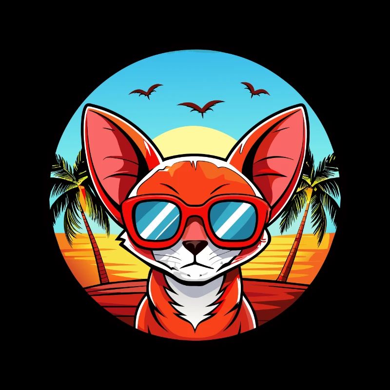Red Devon Rex Cat Breed Cartoon Sunglasses Beach