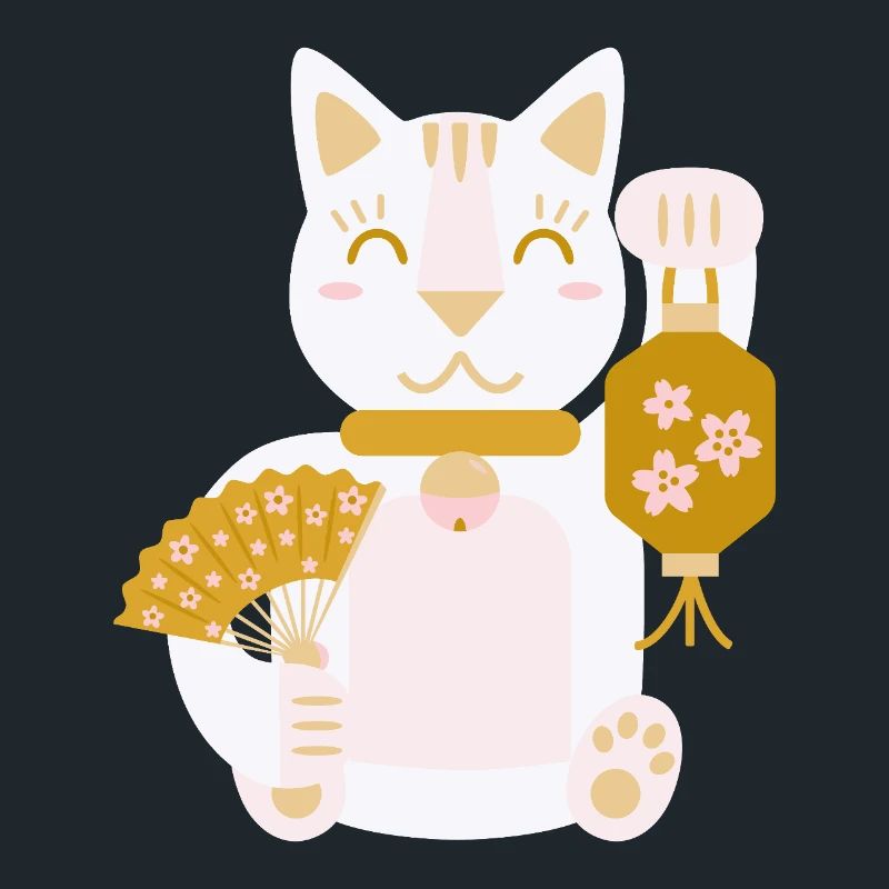 Maneki Neko L Glückskatze mit Fächer und Laterne