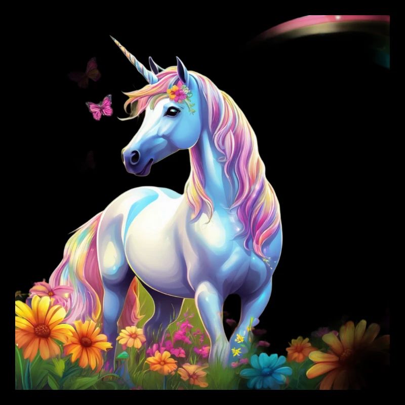 Himmlisches Einhorn im Blumenfeld mit Schmetterlin
