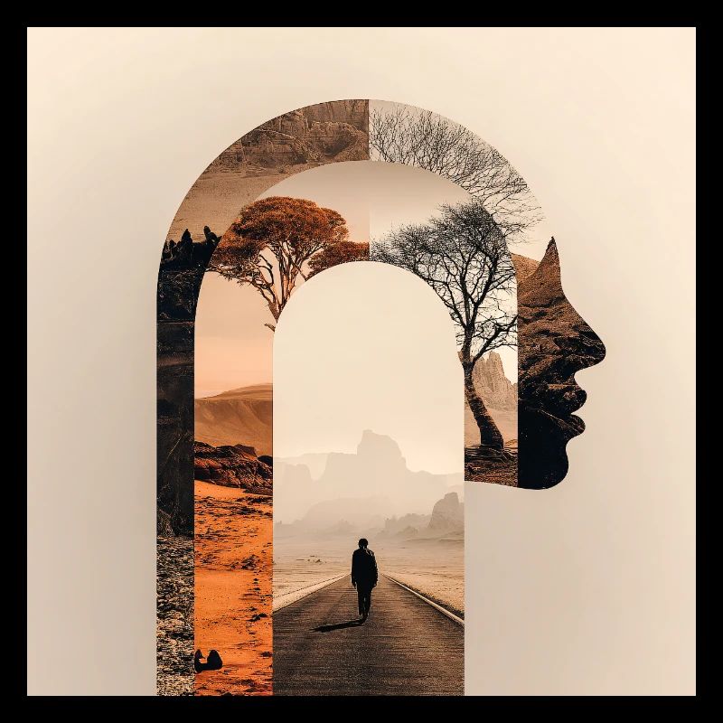 Introspektive Reise mit Natursilhouette