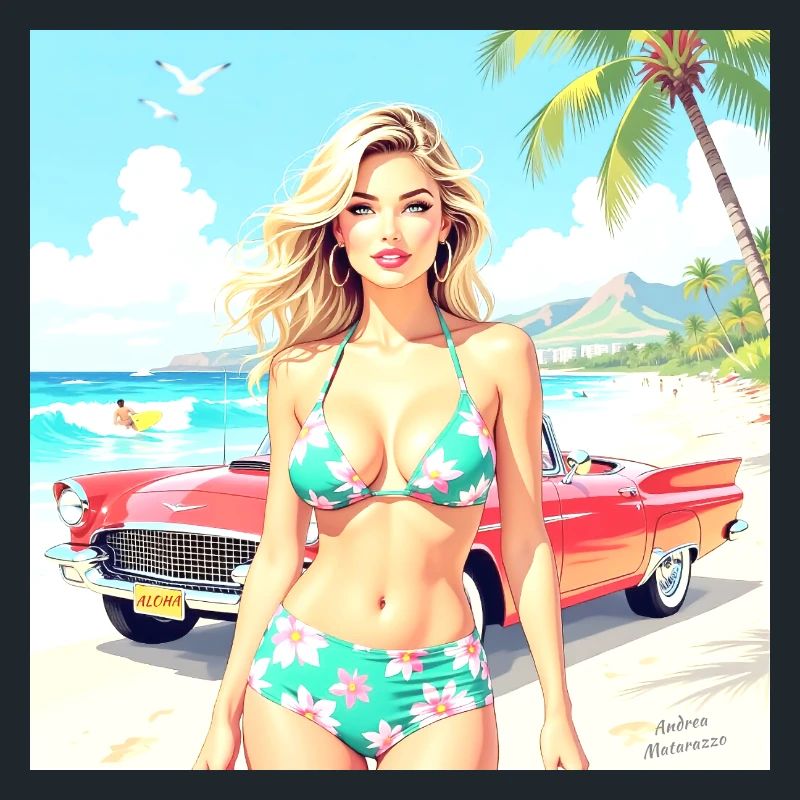 Frau am Strand mit Oldtimer