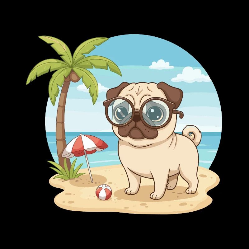 Niedlicher Mops mit Brille – Strandurlaub im Sommer