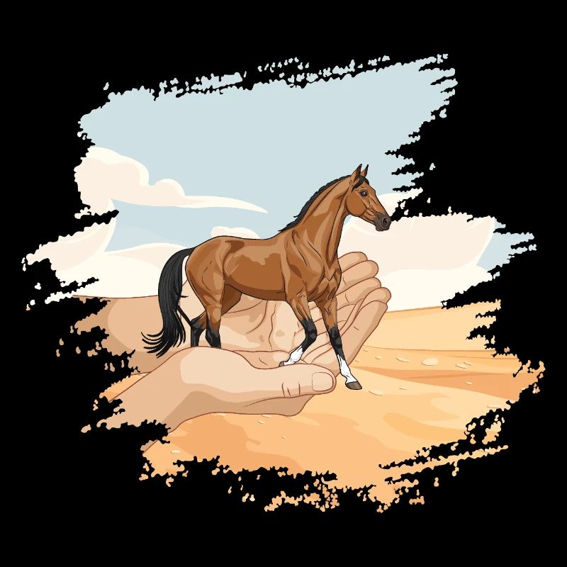 Un désert avec un Cheval Akhal Téké dans des mains