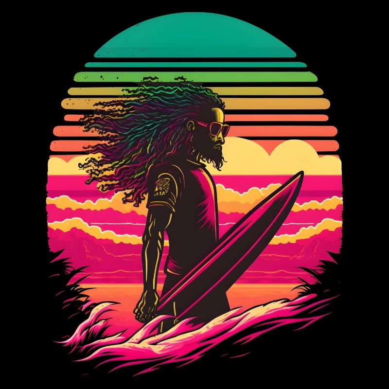 Synthwave Rasta Man surfing
