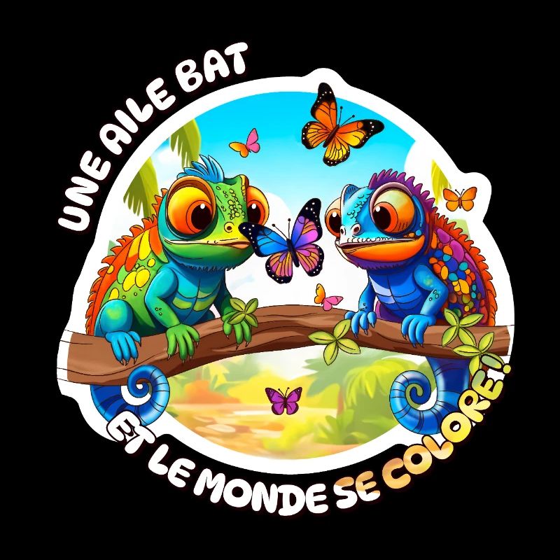 Bunte Cartoon Chamäleons mit Schmetterlingen