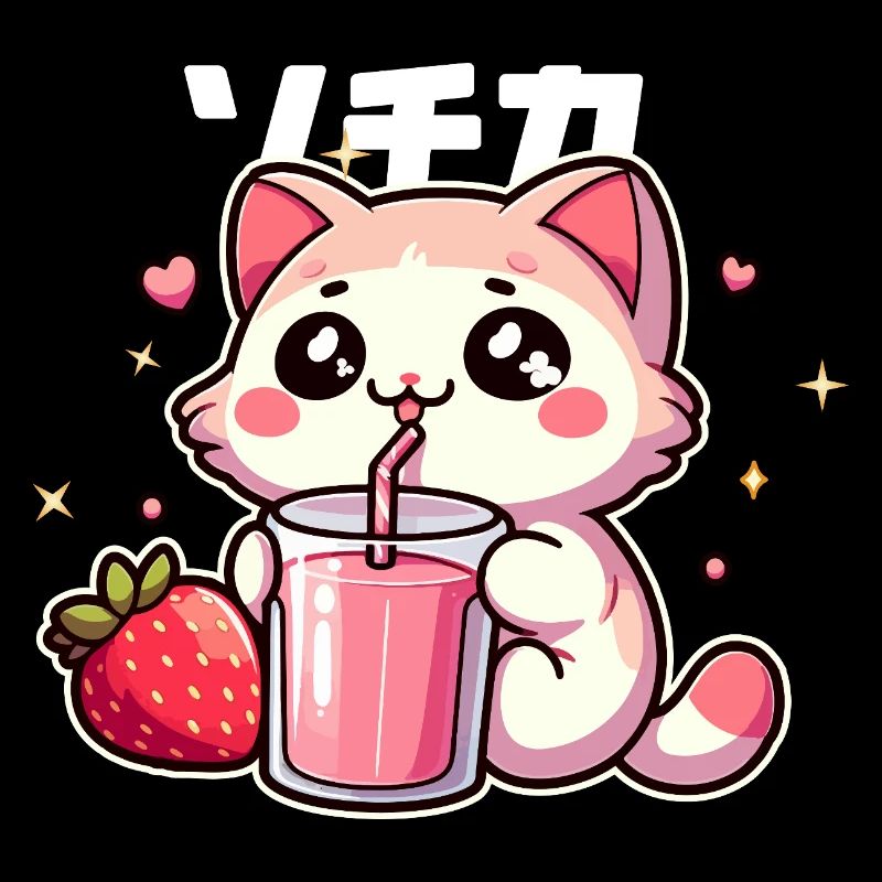 Kawaii Kätzchen trinkt Erdbeer-Smoothie