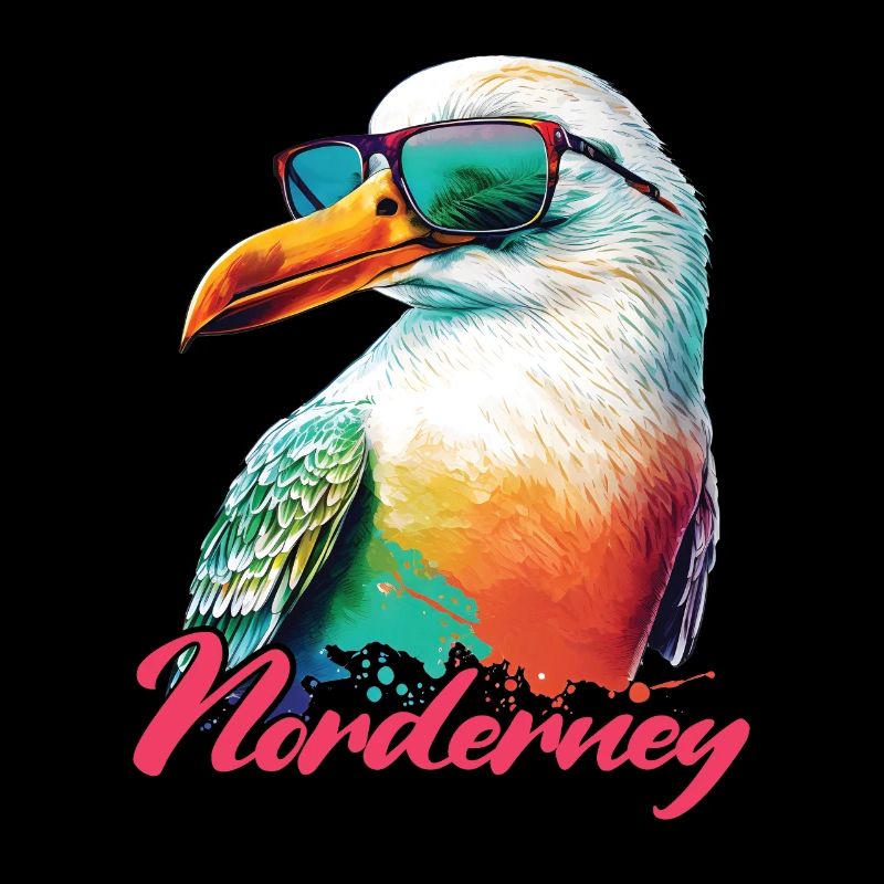 Norderney Urlaub coole bunte Möwe mit Sonnenbrille