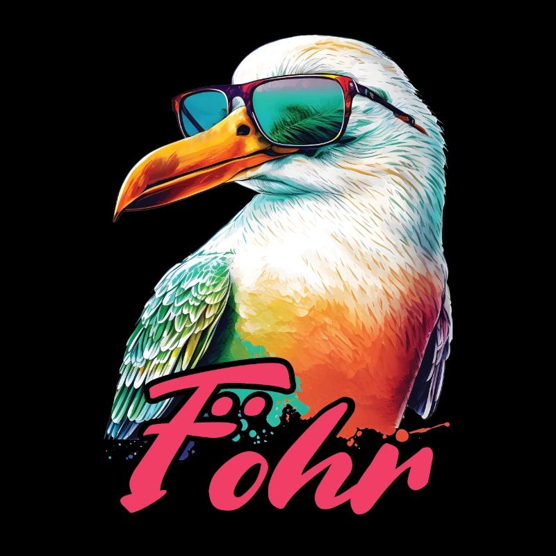 Föhr Urlaub coole bunte Möwe mit Sonnenbrille