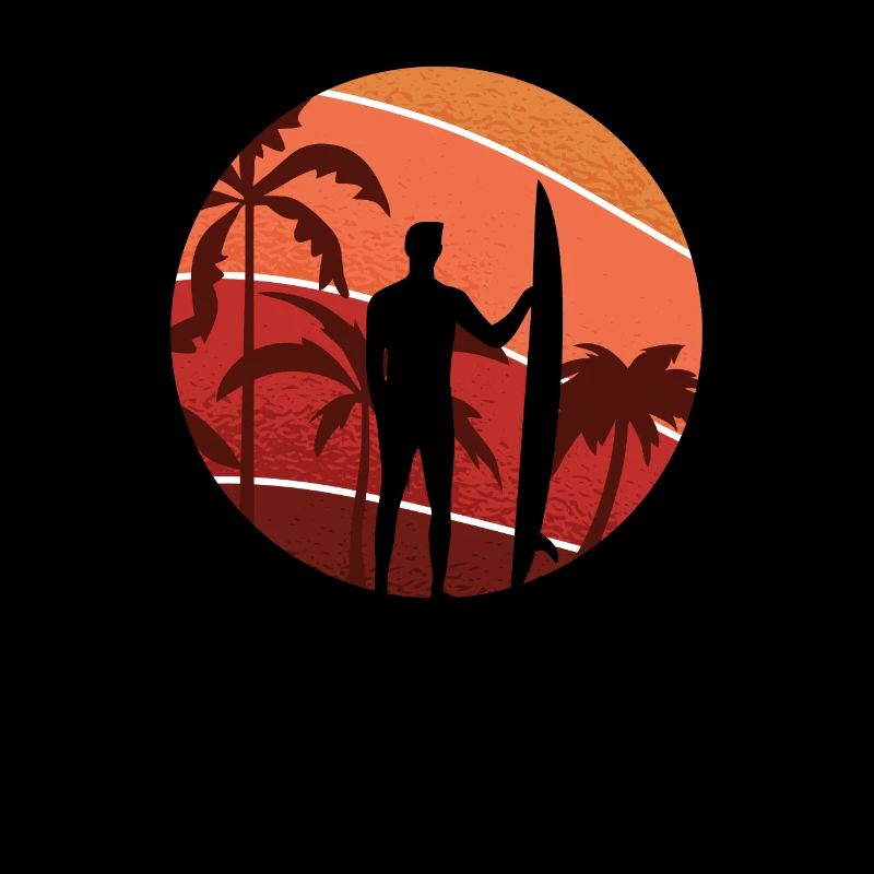 Surfeurs devant les palmiers et coucher de soleil - été