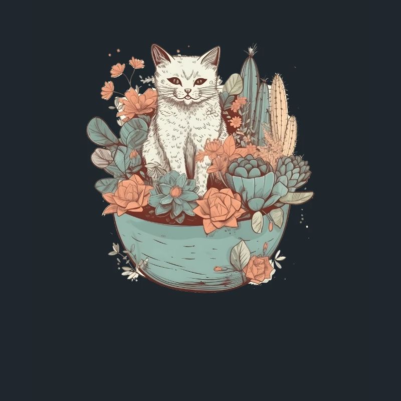 Chat dessiné dans un pot de fleurs