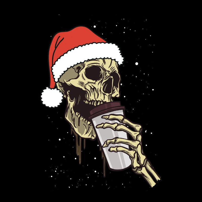 Skeleton Santa Claus Hat Coffee Drinking Funny