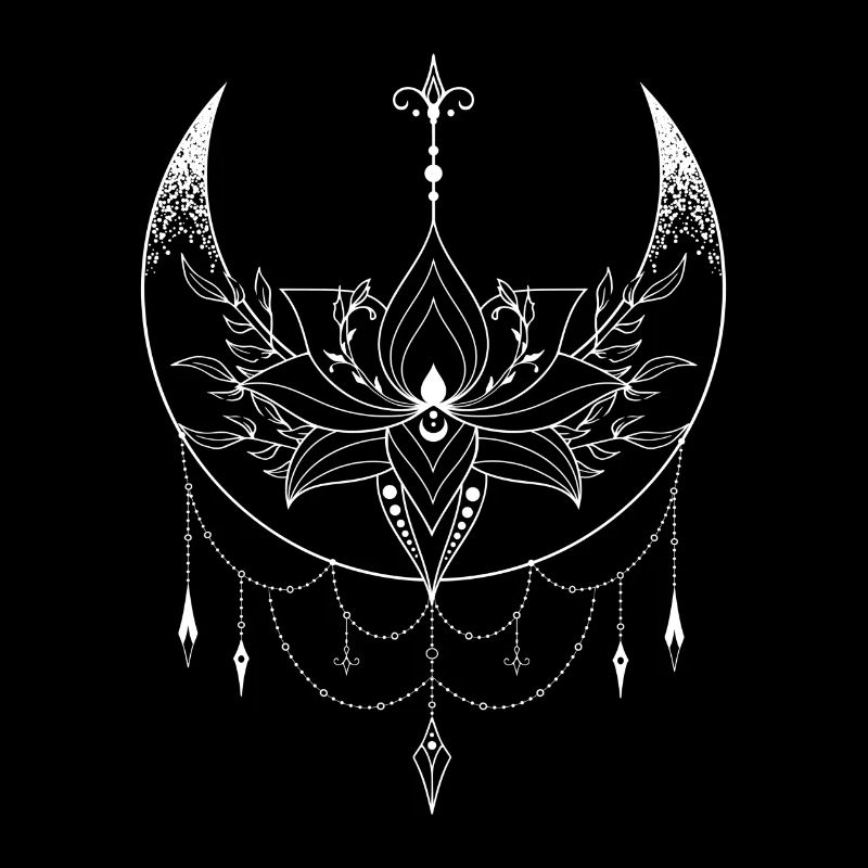 Mystical Wiccan Design Crescent Moon Crystals Flowers
