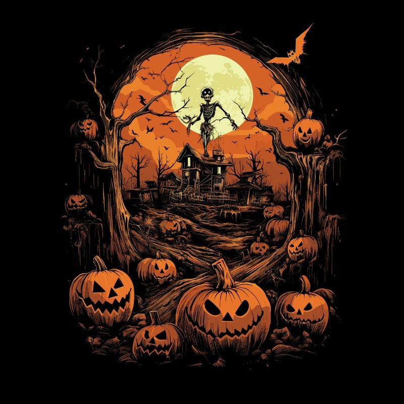 Maison hantée avec citrouilles et squelette pleine lune