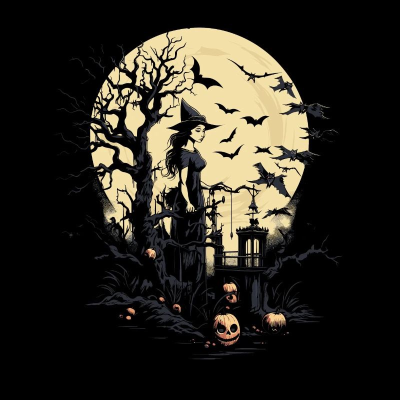 Mystic Witch with Pumpkins and Bats