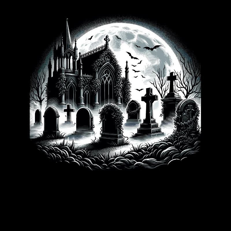 Cimetière gothique au clair de lune : scène de nuit étrange
