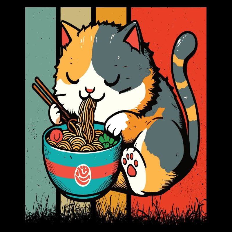 Chat mangeant des Ramen, coloré