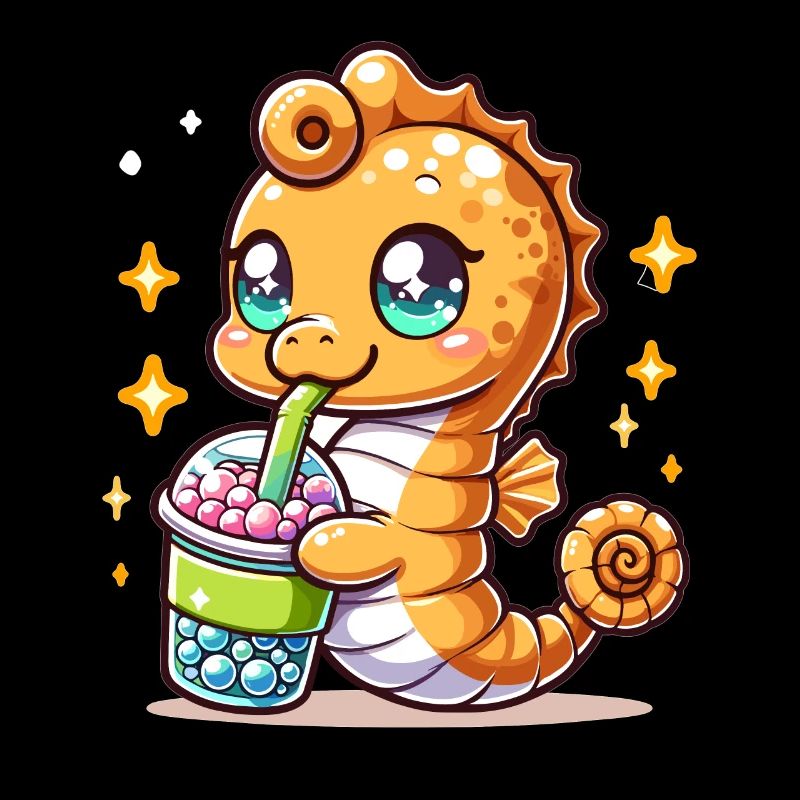 Kawaii Seepferdchen genießt Bubble Tea Meerestier Boba