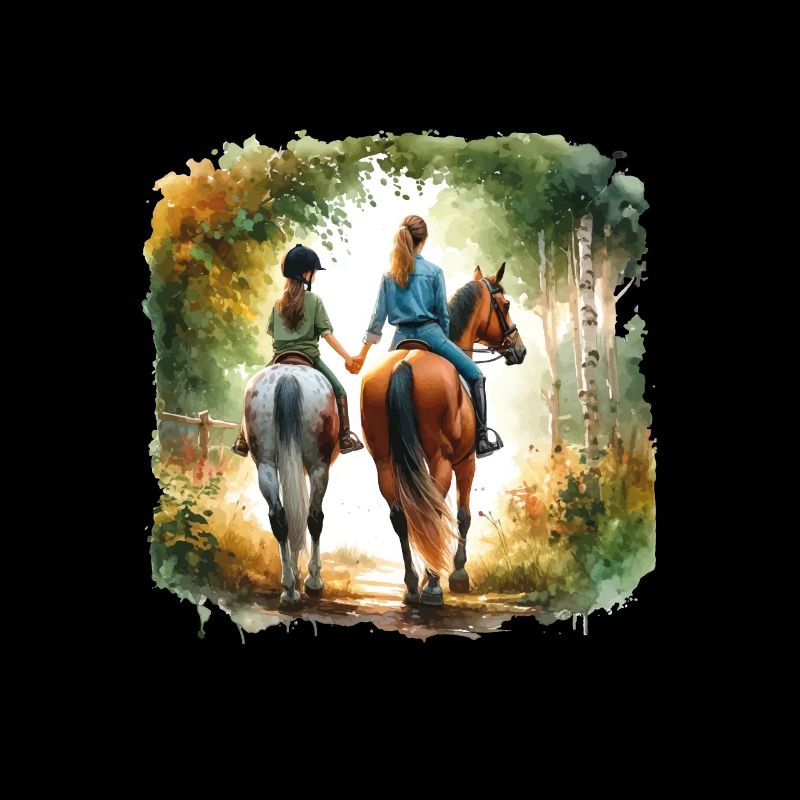 Mère et fille - Balade à cheval à l’aquarelle