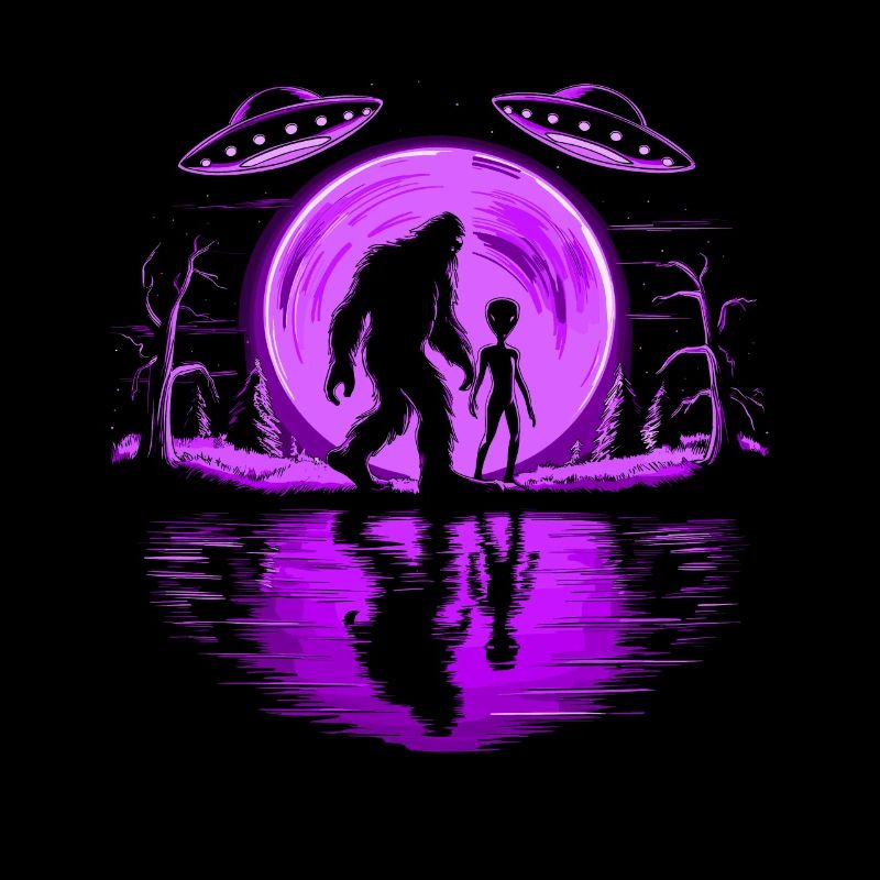 Bigfoot and Alien with UFO's Night Scene Design