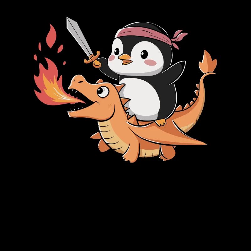 Pingouin chevauche un dragon de feu avec une épée