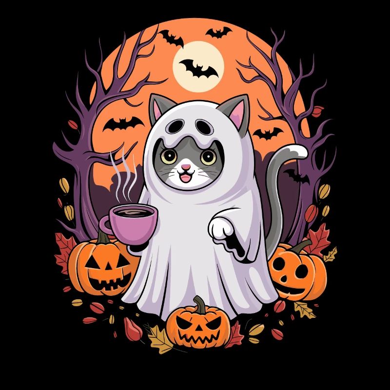 Halloween cat in ghost costume with pumpkins