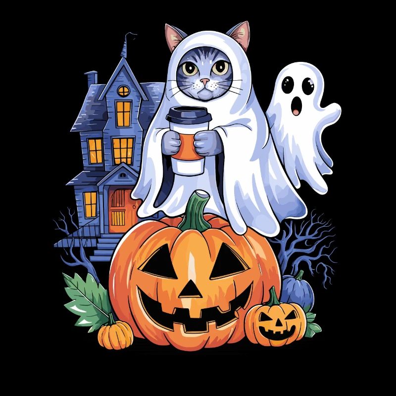 Halloween Cat With Pumpkin And Ghost