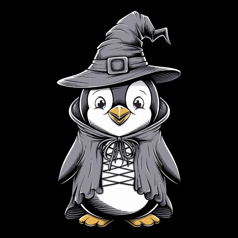 Pingouin mignon en costume de sorcière d’Halloween