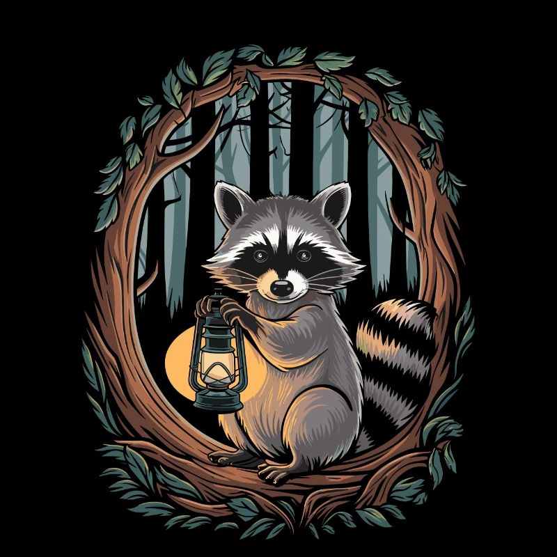 Raton laveur cottagecore avec lanterne dans les bois