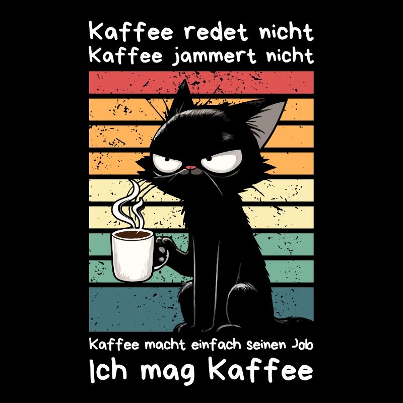 Genervte schwarze Katze mit Kaffee und Blick
