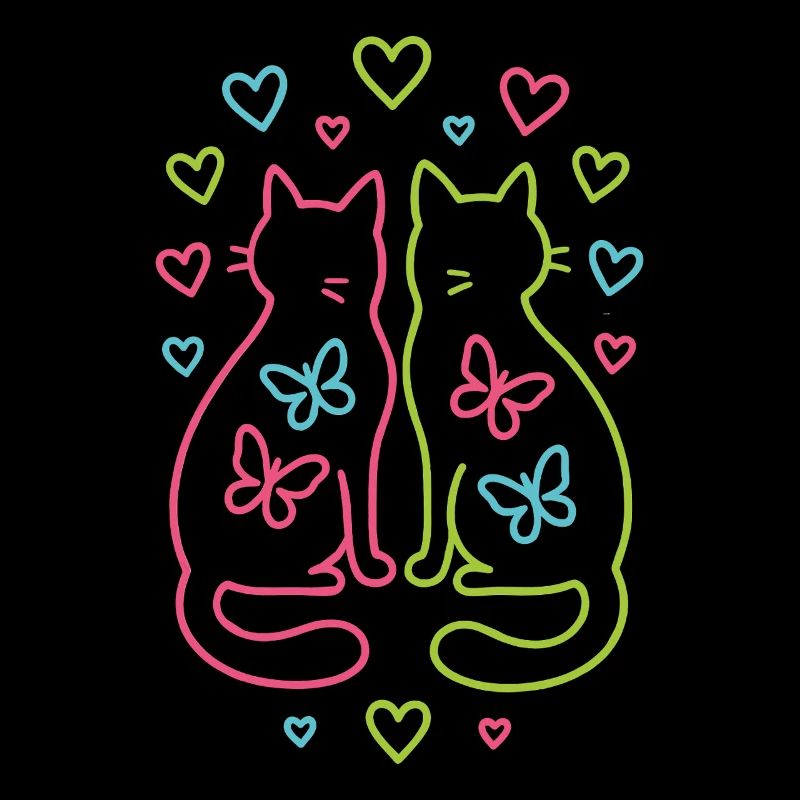 Paire colorée de chats avec des coeurs papillons
