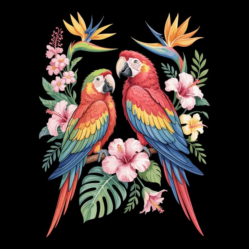 Perroquets exotiques en fleurs tropicales