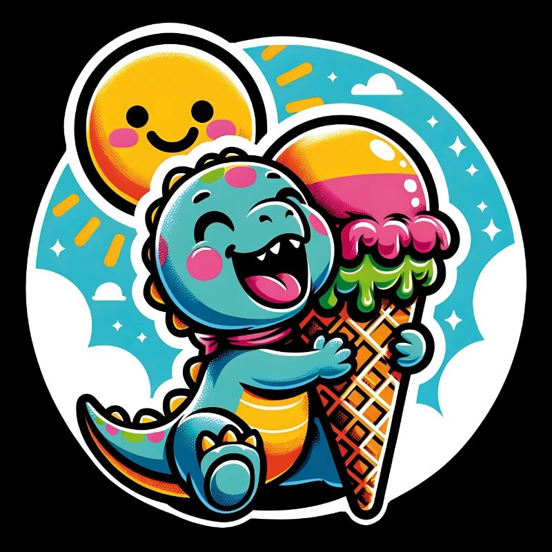 Petit dino mignon avec un grand cornet de crème glacée coloré