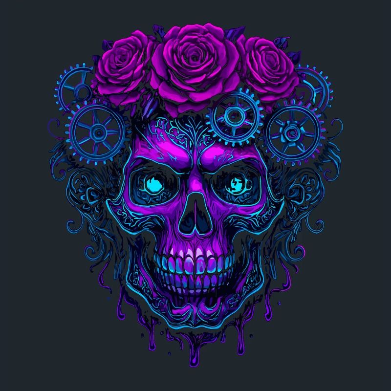 Neon Kybernetisch Schädel mit rosa Zahnrädern