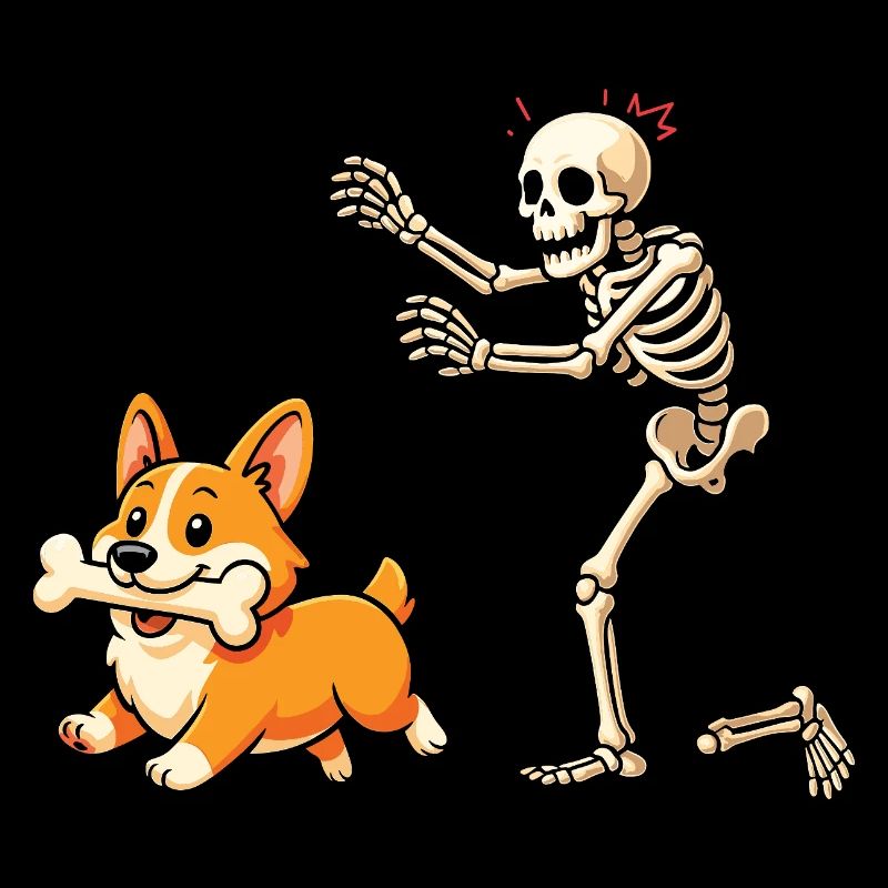 Skeleton Chases Corgi Dog Humor