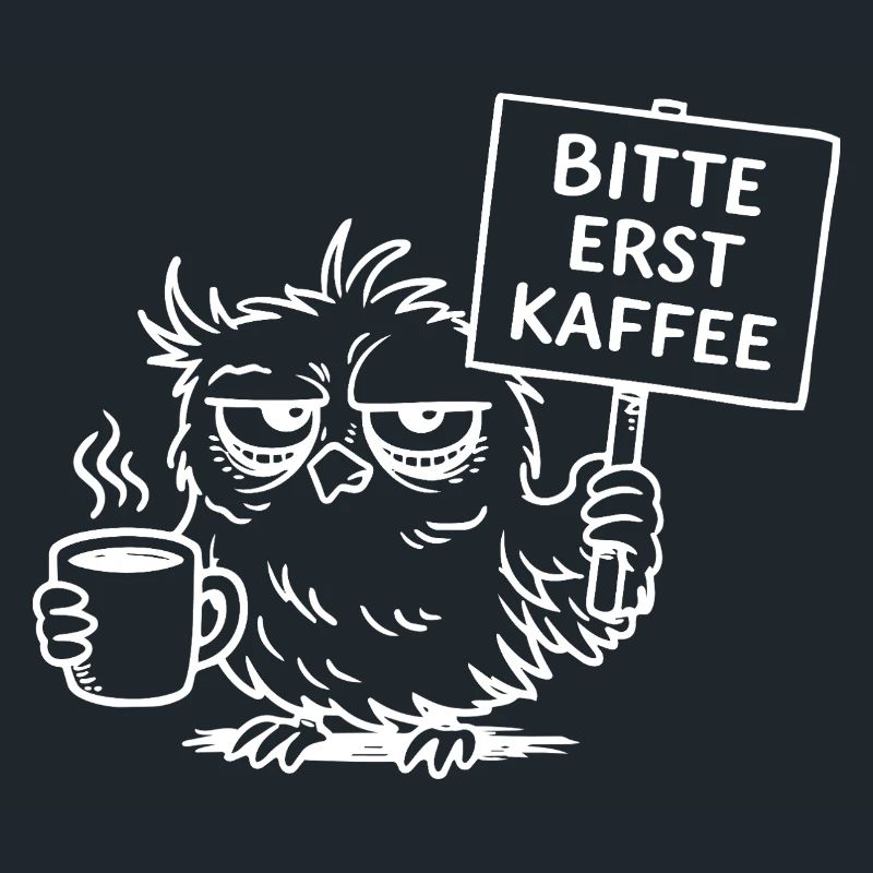 Bitte erst Kaffee – Müde Eule mit Kaffeetasse