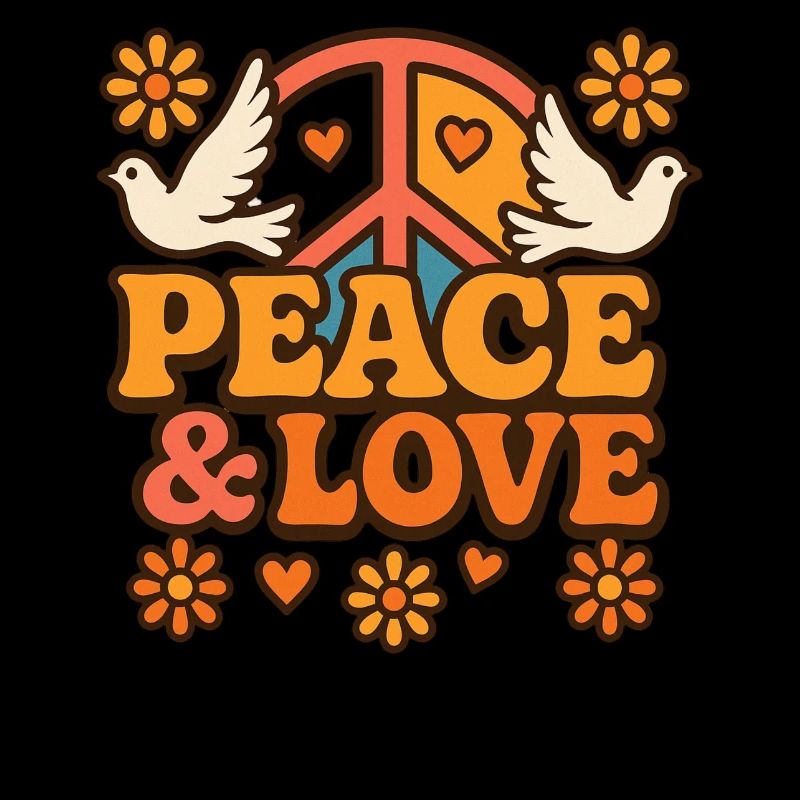 Retro Hippie Design with Doves and Peace Symbol
