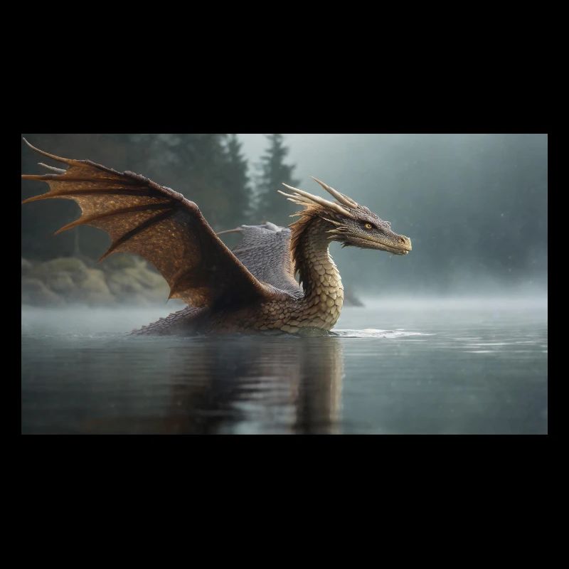 A realistic bad dark dragon in a foggy river
